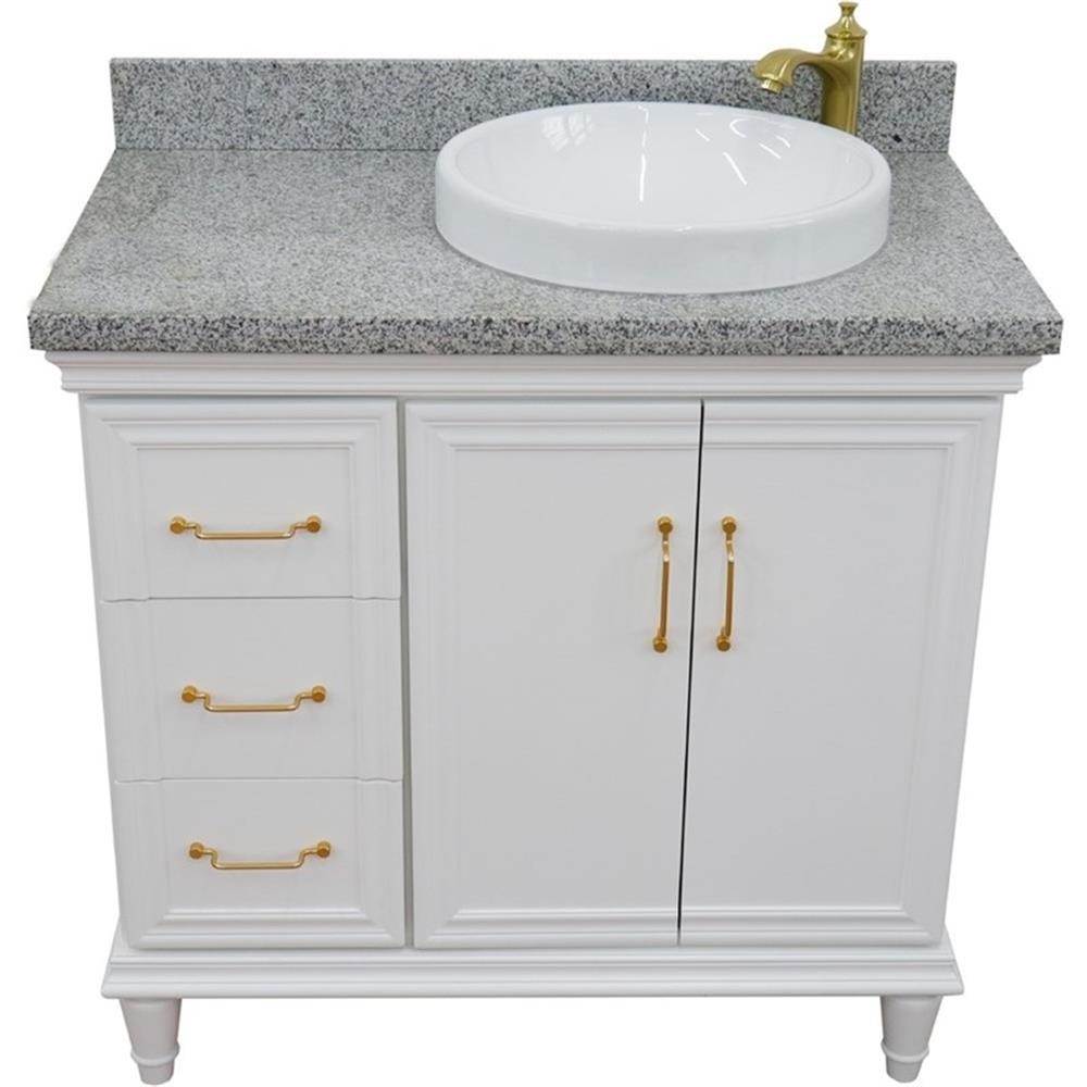 37 in. Single Wooden Vanity White Gray Granite Round Right Door.Right Sink