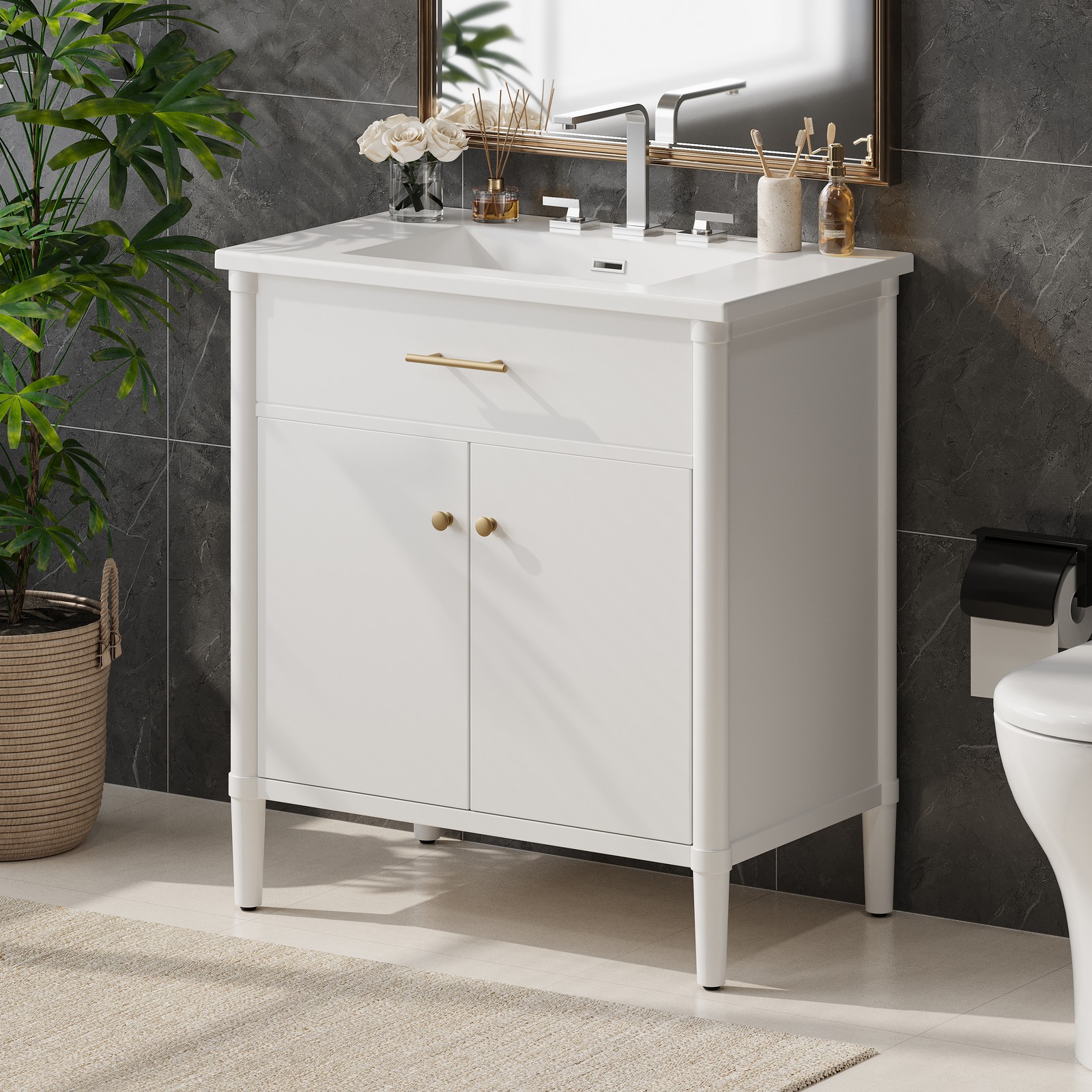 30″ Bathroom Vanity with Sink, Bathroom Cabinet with Soft Close Doors White