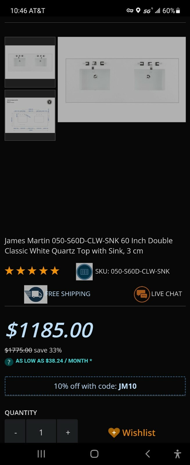 James Martin 050-S60D-CLW-SNK 60 Inch Double Classic White Quartz Top with Sink,