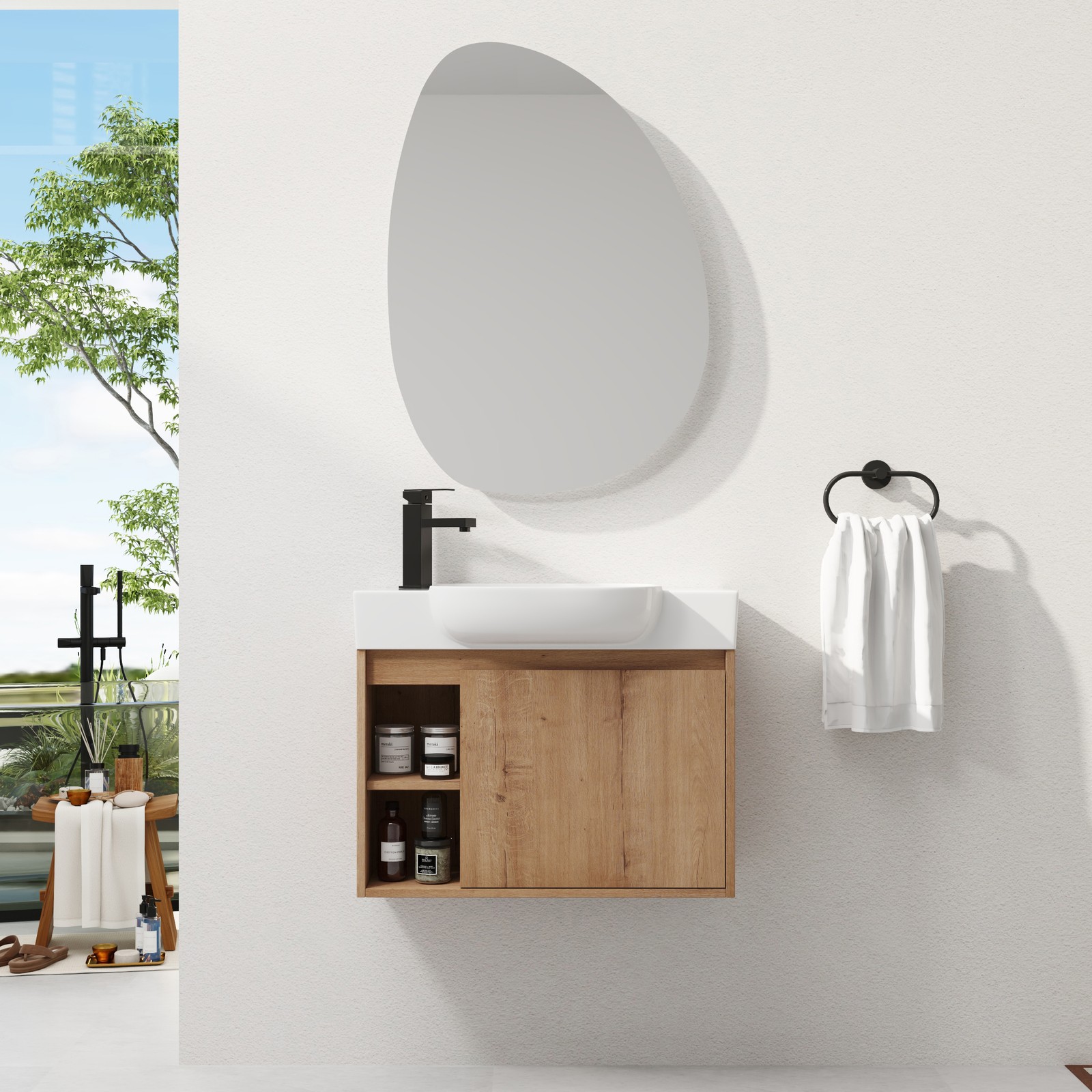 26in Plywood Freestanding Bathroom Vanity W/ Ceramic Sink Basin Door Shelf Oak