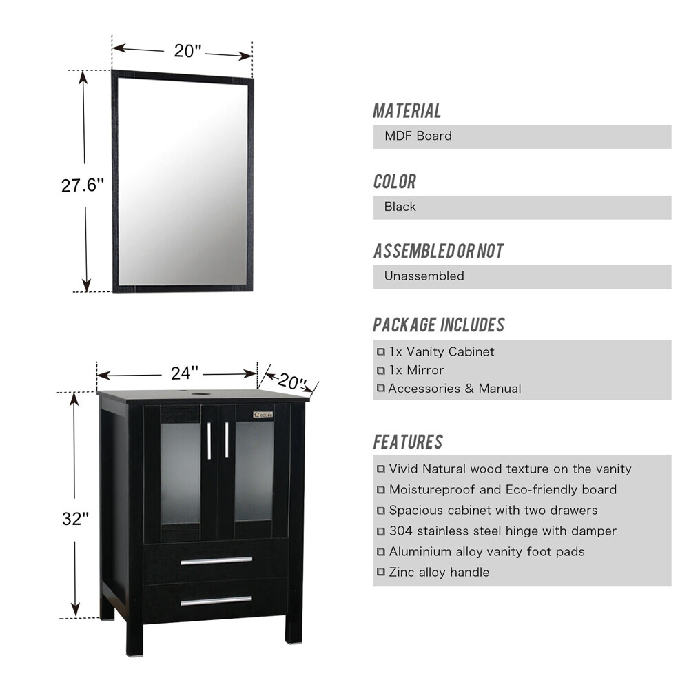 72″ Bathroom Vanity Black Set Mirror 2 Side Cabinet Vessel Glass/Ceramic Sink