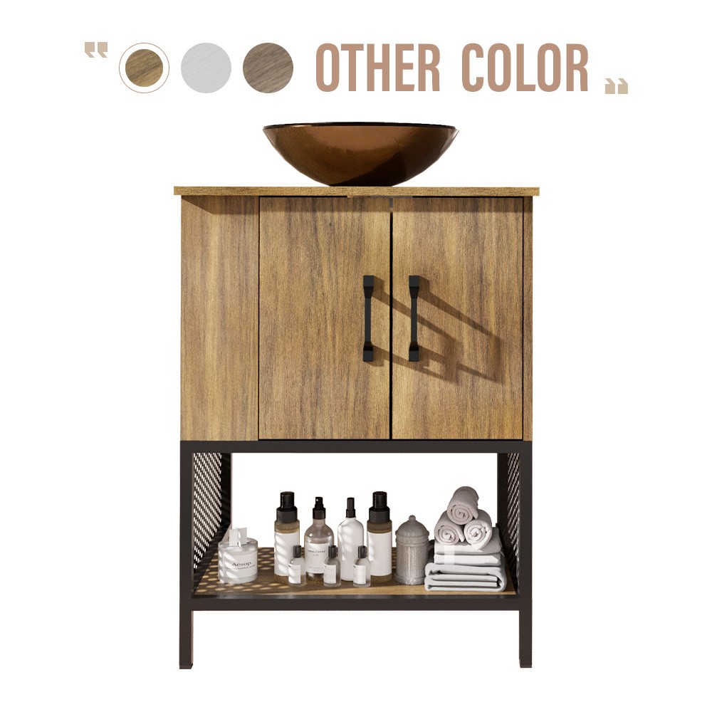 24″ Small Bathroom Vanity w/ Vessel Single Sink Cabinet Modern Iron Wood Oak