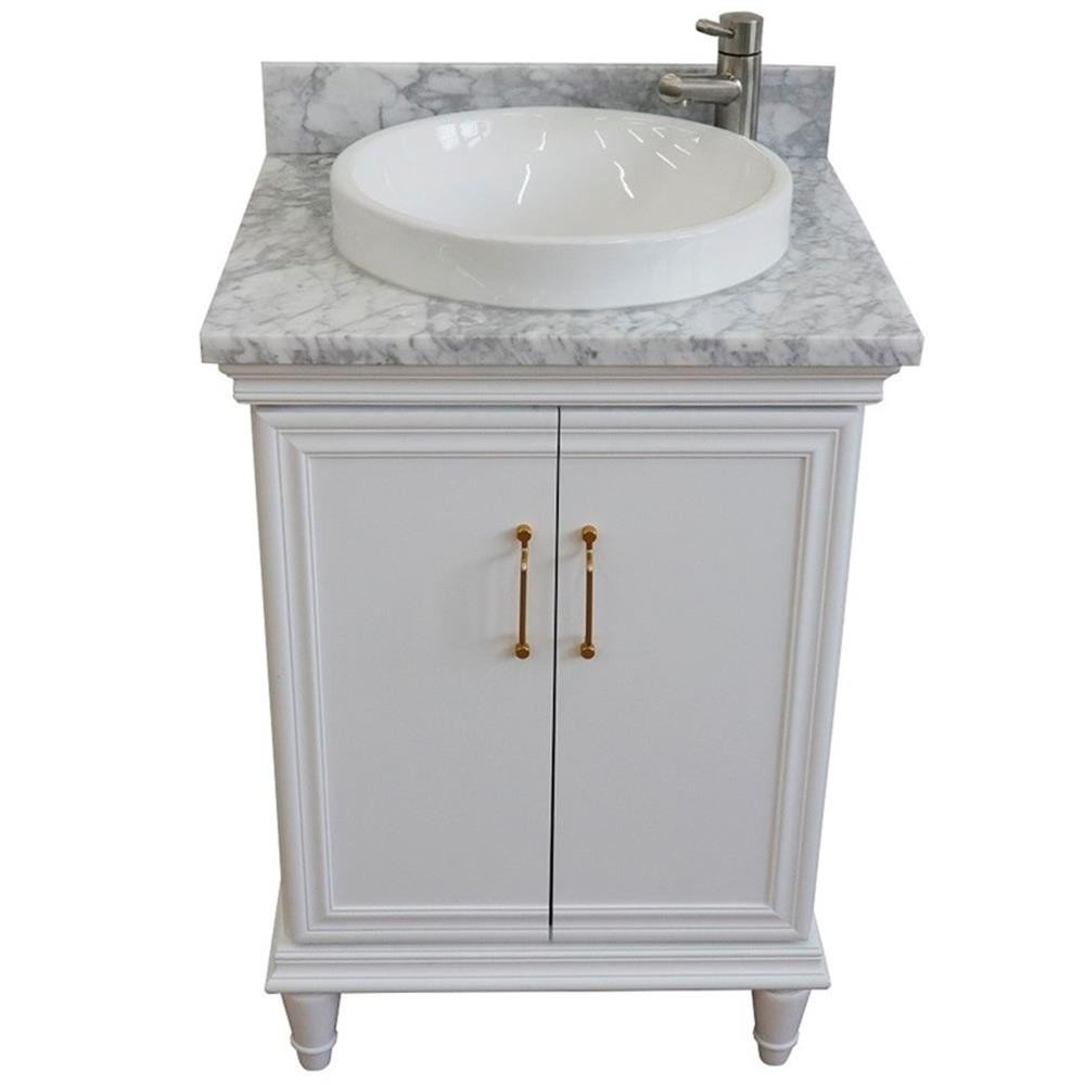 25 in. Single Wooden Vanity White with White Carrara Round Sink