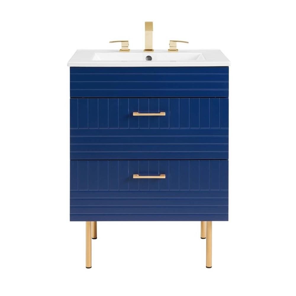 Pemberly Row 24″ Modern Wood/Ceramic Bathroom Vanity with Gold Legs in Blue