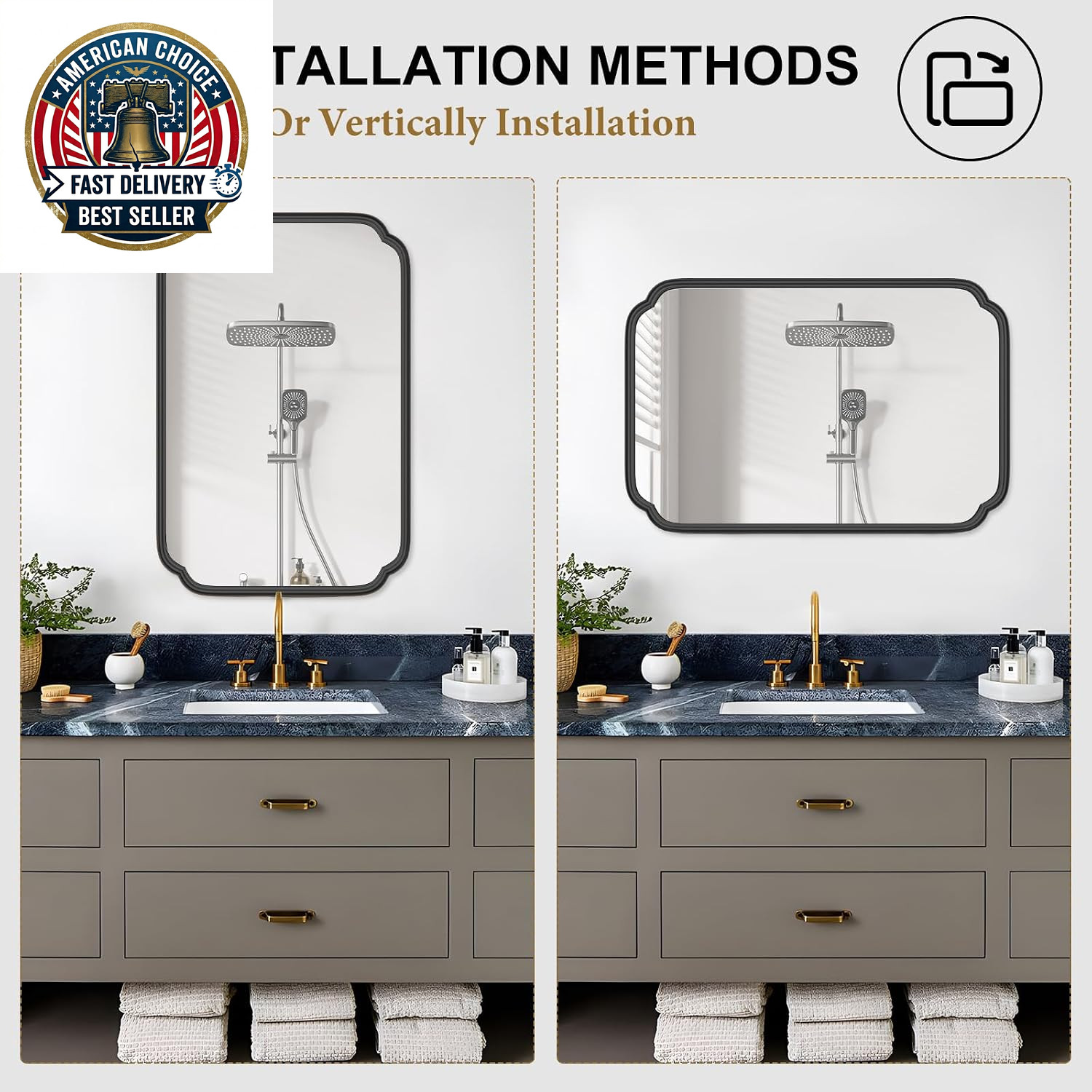 Black Bathroom Vanity Mirrors for over Sink 24″ X 36″ Modern Rounded Corner Rect