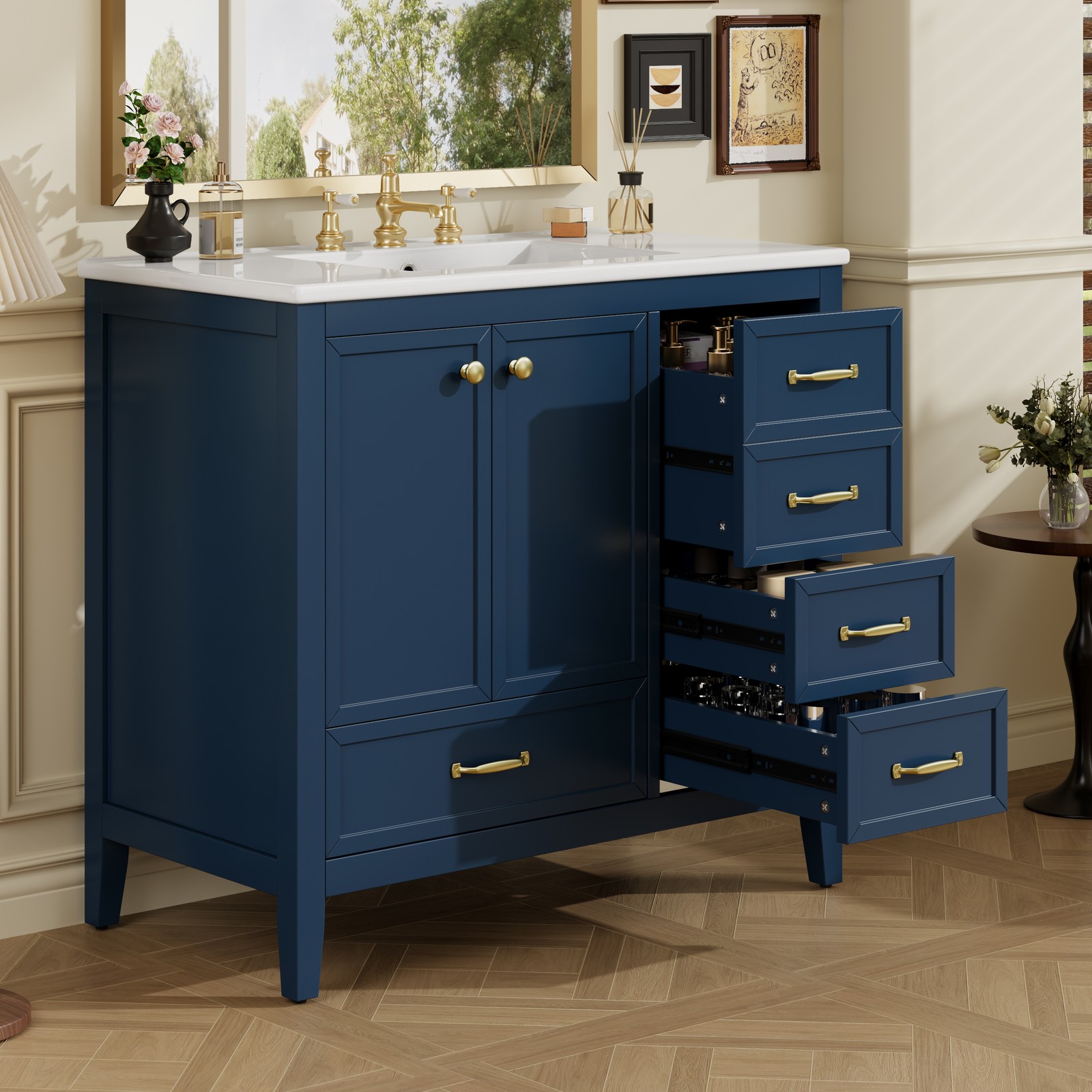 36″ Bathroom Vanity with Ceramic Sink Wood Storage Cabinet w/Soft-Closing Door