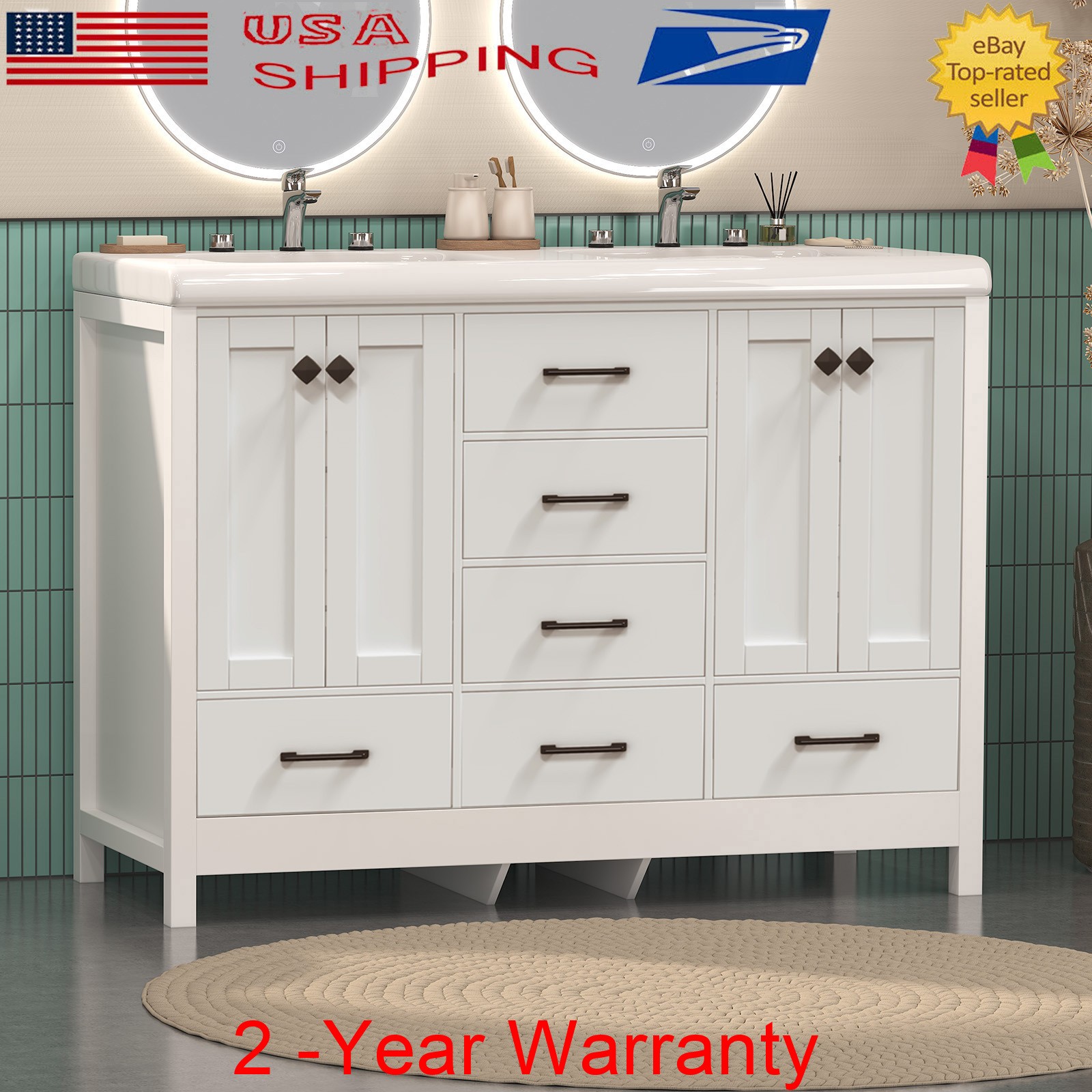 Bathroom Vanity Double Sink Ceramic Freestanding Storage Cabinet Drawers White