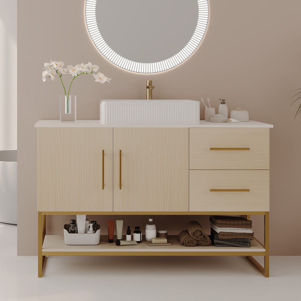 36″ Modern Bathroom Vanity Ceramic Vessel Sink Gold Accent Free Standing Cabinet