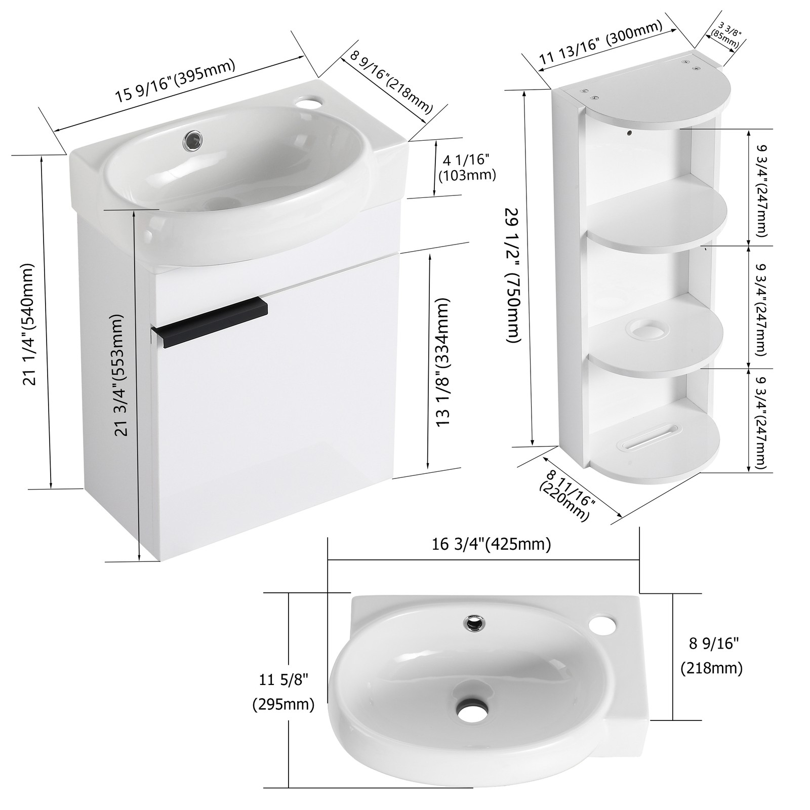 16″ Plywood Freestanding Bathroom Vanity Ceramic Sink Basin +Storage Rack White