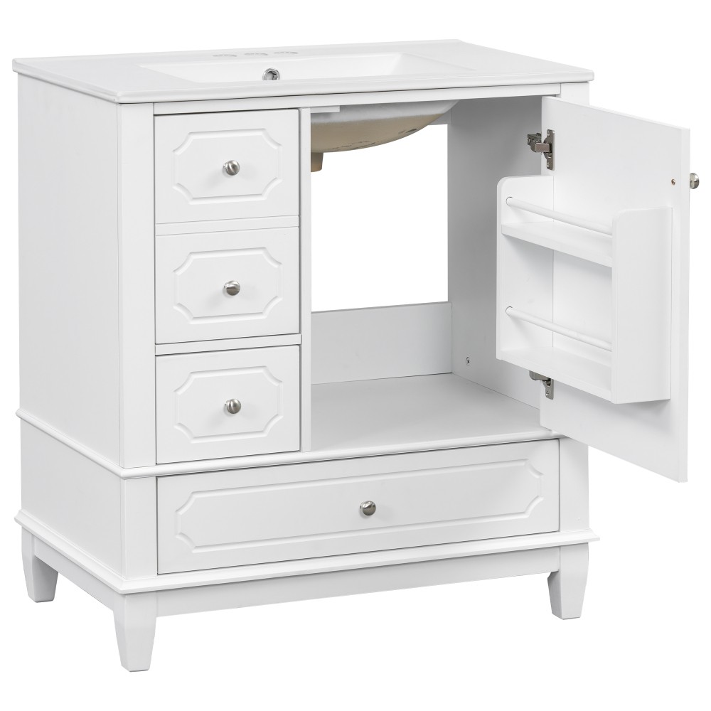30″Bathroom Vanity with Sink Freestanding White Vanity Cabinetwith Ceramic Basin