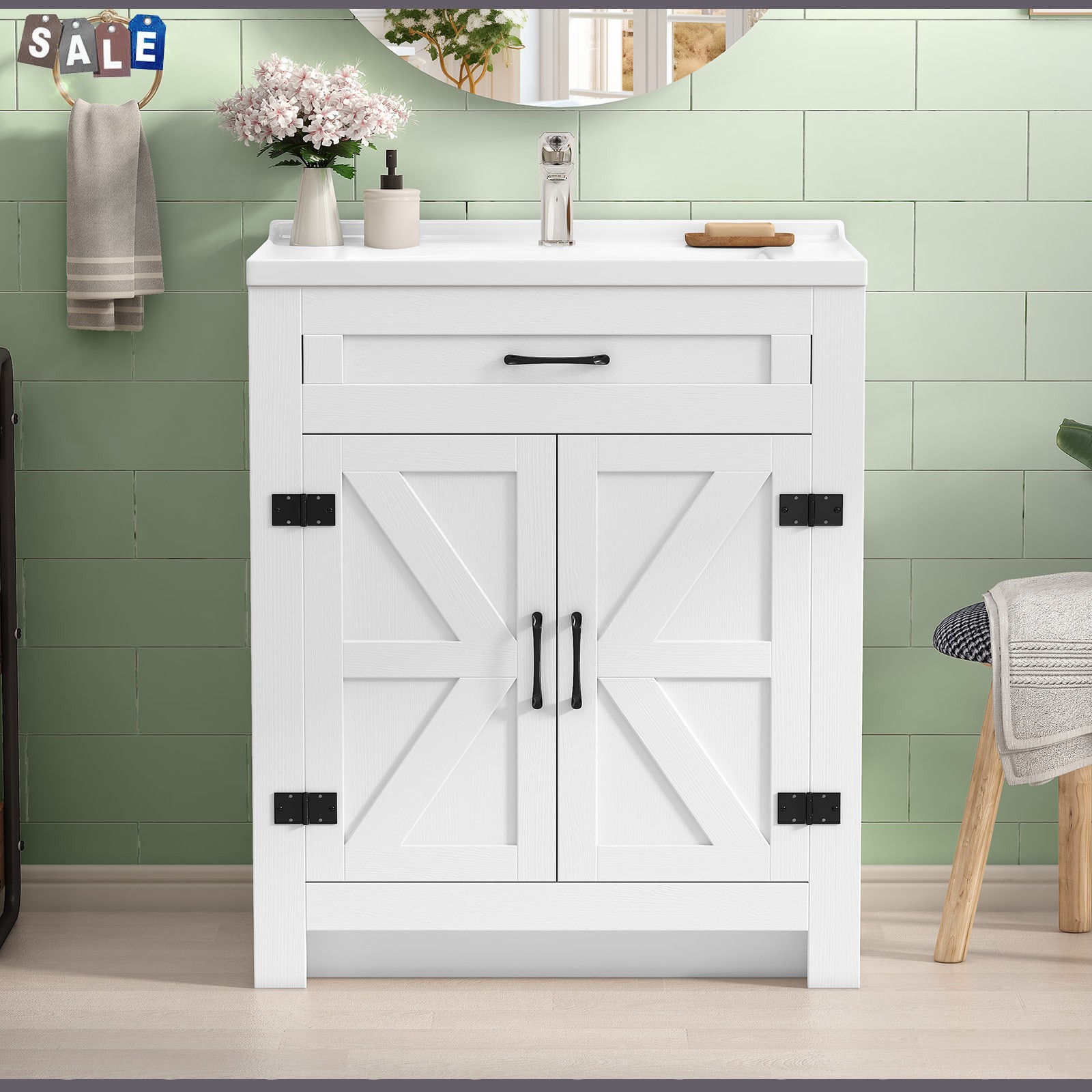 31″ Bathroom Vanity Freestanding Ceramic Sink Cabinet with Storage and Drawer
