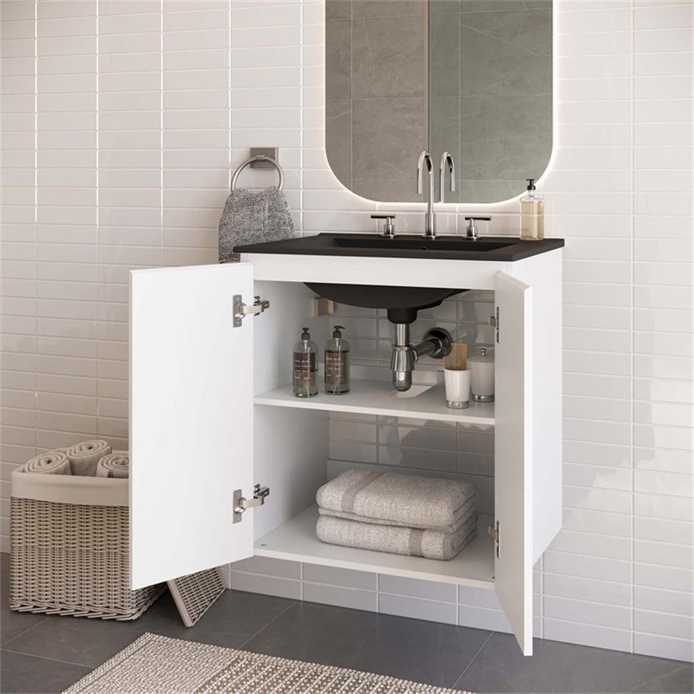 Modway Bryn 24″ Modern Wood/Ceramic Wall-Mount Bathroom Vanity in White/Black
