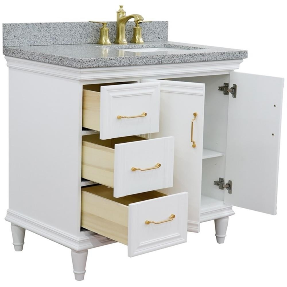 37 in. Single Wooden Vanity White Gray Granite Rectangle Right Door.Right Sink