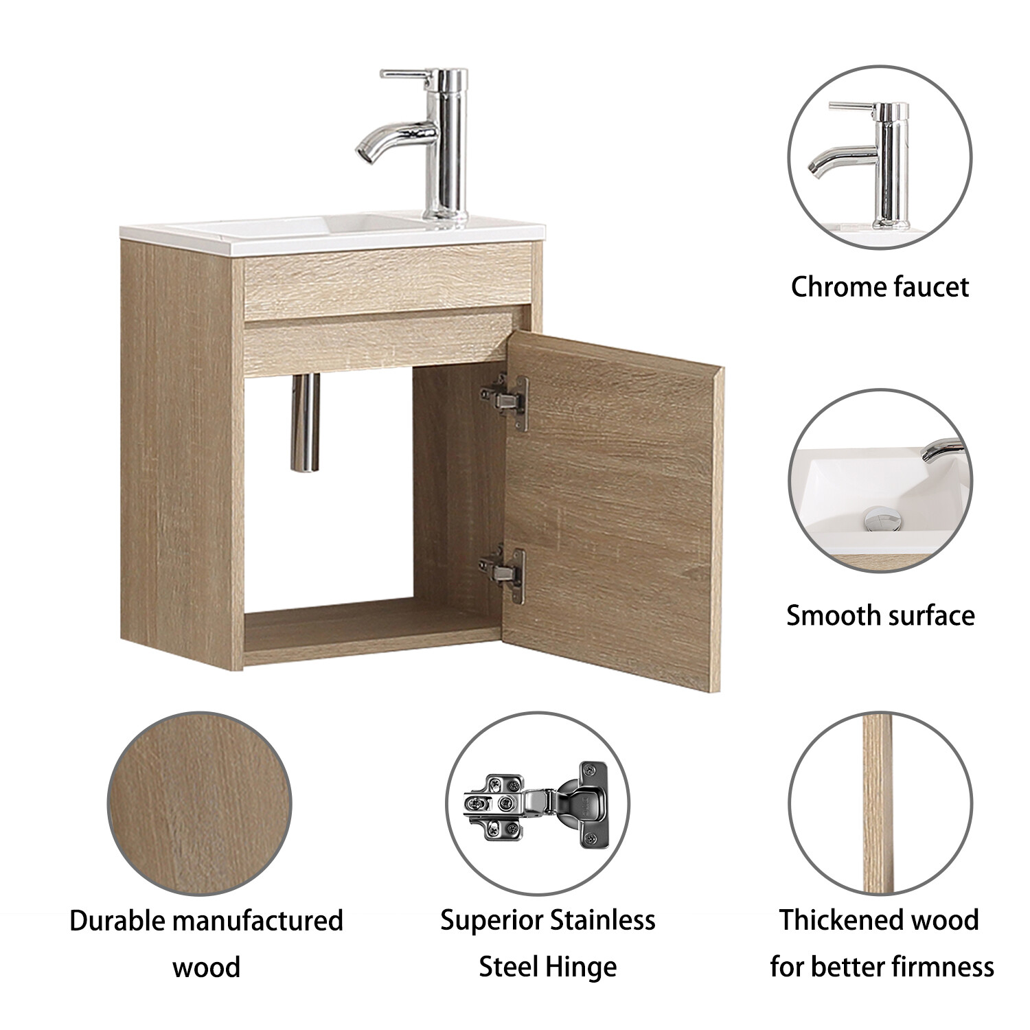 16″ Wall Mounted Bathroom Vanity w/ White Sink Left / Right Side Faucet Set