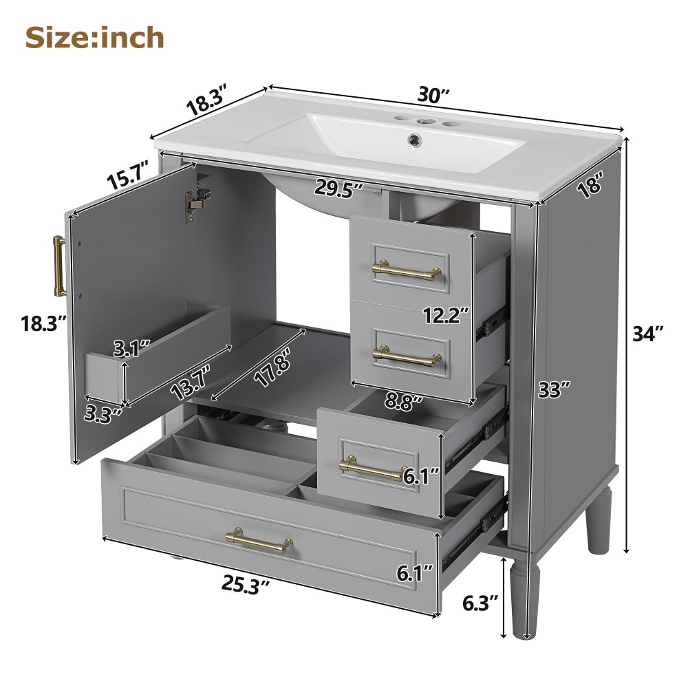 30″ Wood Bathroom Vanity Ceramic Sink Soft Close Door 3 Drawers Storage Cabinet