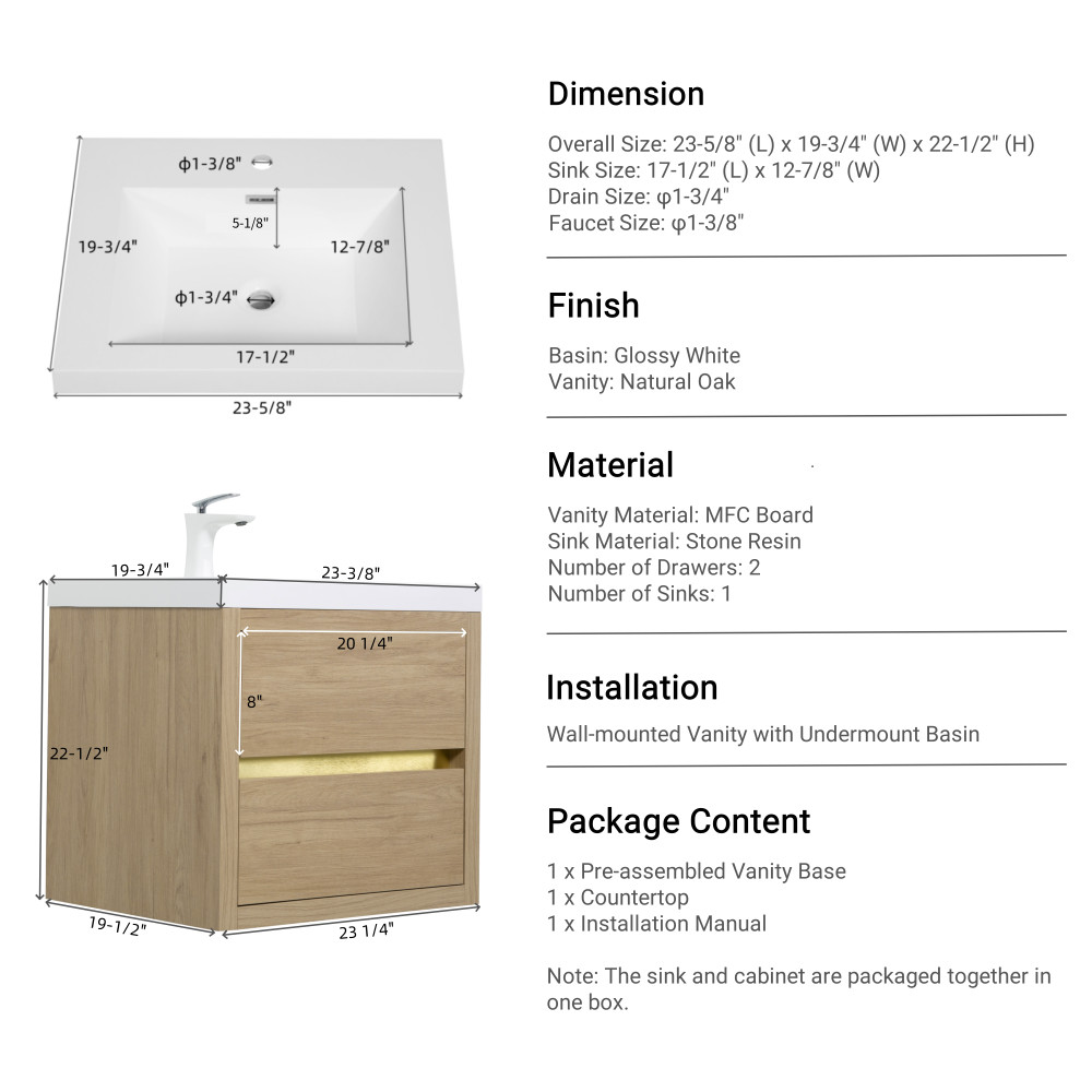24in Oak Wall Vanity Pre-Assembled with Sink, Soft Close Drawers