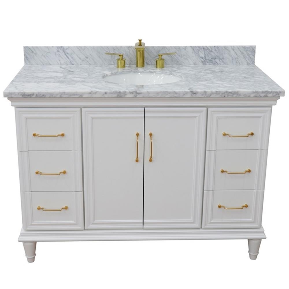 49 in. Single Wooden Vanity White with White Carrara Marble Oval Sink