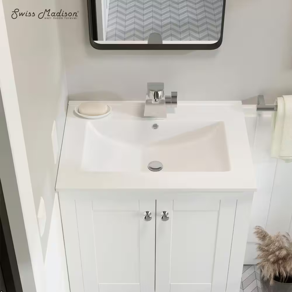 24 In. Ceramic Single Faucet Hole Vanity Top in White with White Basin