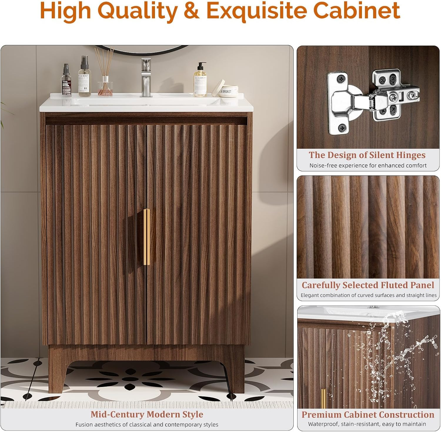 24 Inch Bathroom Vanity with Sink, Mid-Century Modern Vanity with Ceramic Basin