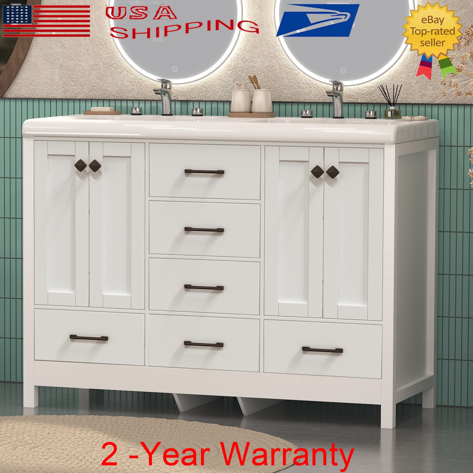 Bathroom Vanity Double Sink Ceramic Freestanding Storage Cabinet Drawers White