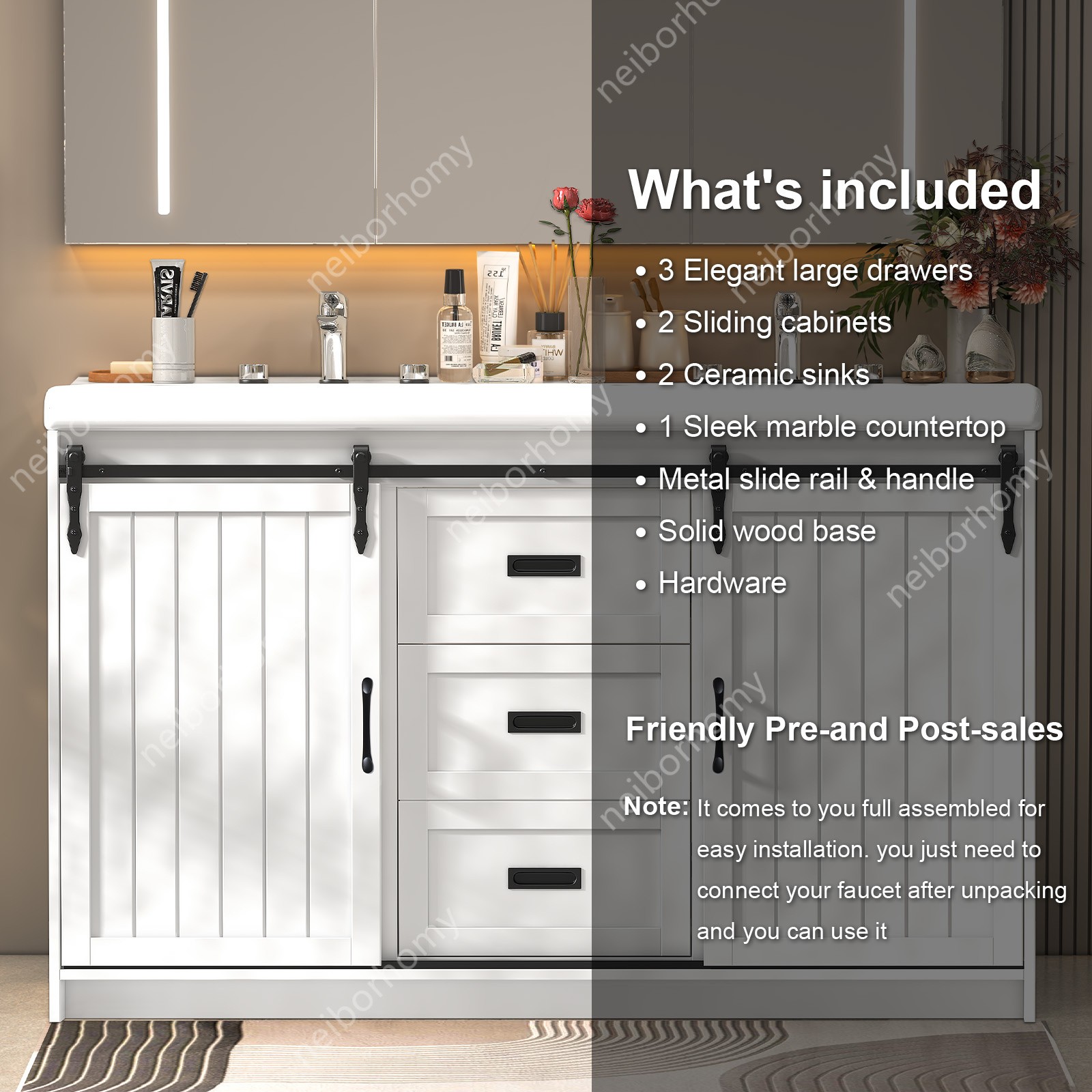 White 47″ Bathroom Double Sink Vanity Cabinet Ceramic Vessel Sink with 2 Drawers