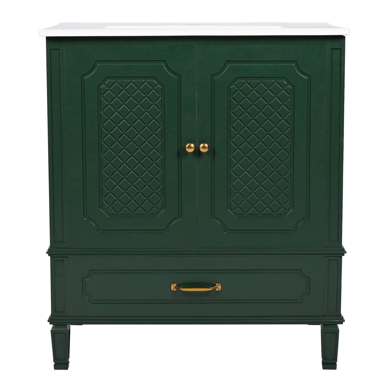 30″ Bathroom Vanity with Ceramic Sink, Green, Soft-Close Door & Drawer