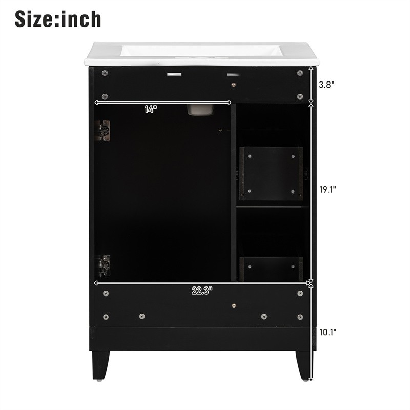 24″ Black Bathroom Vanity Cabinet with Ceramic Sink,2 Drawers,1 Soft-Close Door