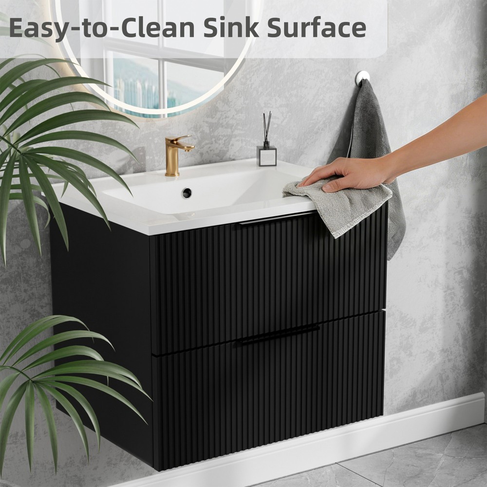 30″ Bathroom Vanity with Ceramic Sink, White Wall Mounted Fluted Cabinet