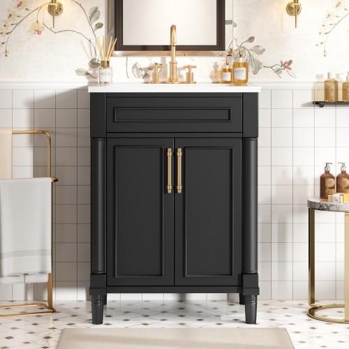 24″ Bathroom Vanity with Integrated Ceramic Sink, Bathroom Cabinet with 2 Doors