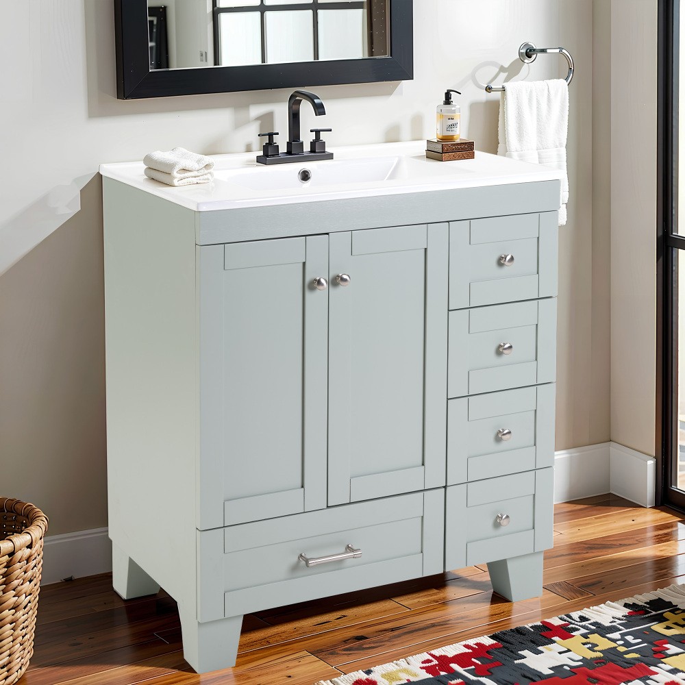 30″ Blue Grey Bathroom Vanity with Ceramic Sink – Soft-Close Drawers