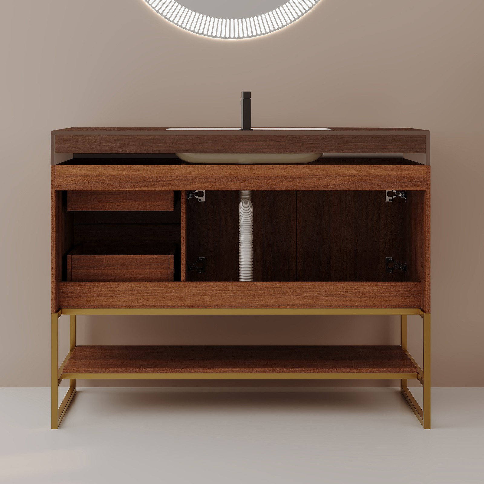 36″ Modern Bathroom Vanity w/Seamless Ceramic Sink & Sintered Stone Top Walnut
