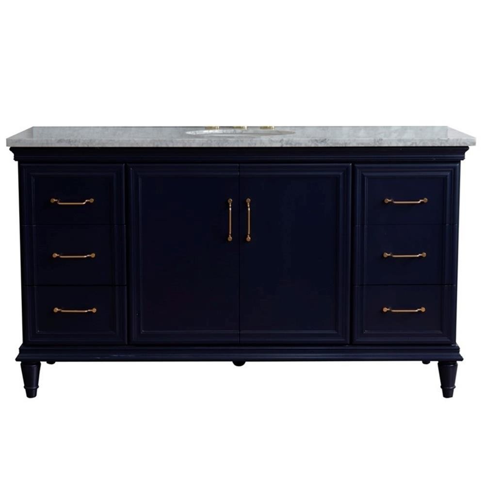 61 in. Single Wooden Vanity Blue White Carrara Marble Oval Sink