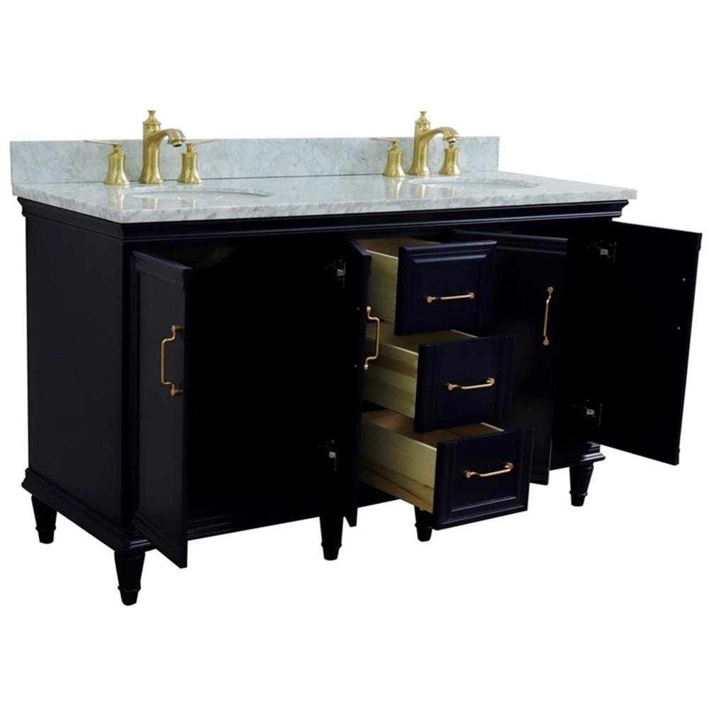 61 in. Double Wooden Vanity Blue White Carrara Marble Oval Sink