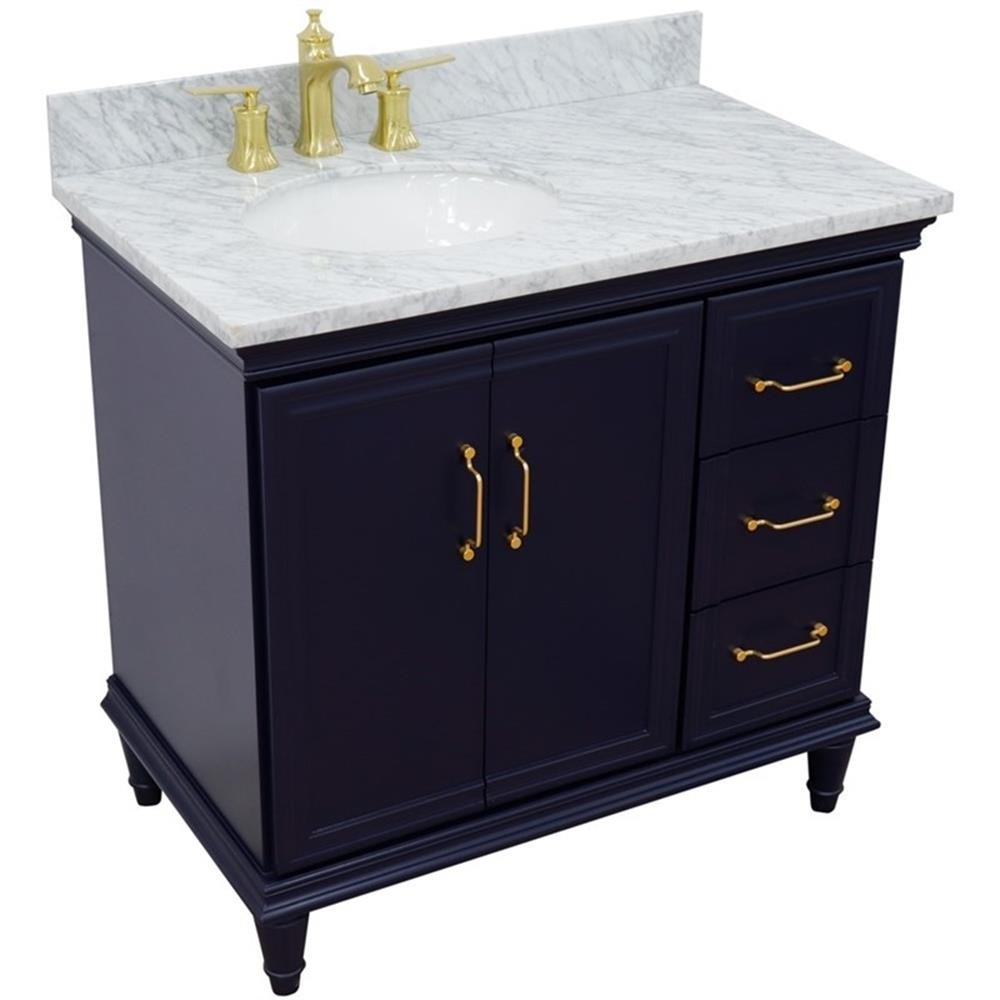 37 in. Single Wooden Vanity Blue White Carrara Oval Left Door.Left Sink