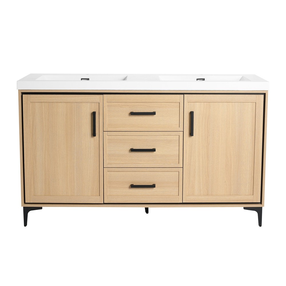 60″ Bathroom Vanity w/ Double Sink, Freestanding Vanity Doors Cabinet, 3 Drawers