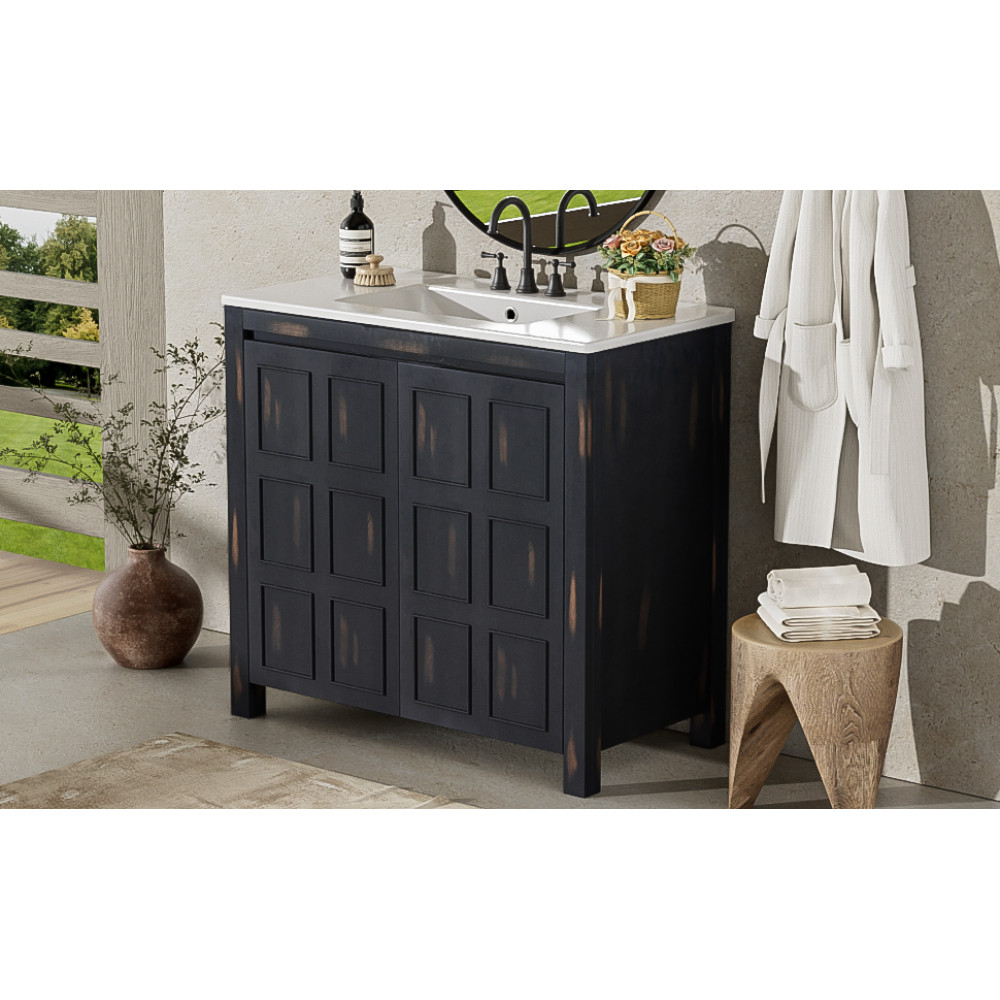 36″ Vintage Bathroom Vanity w/Ceramic Sink,Solid Wood Frame,Soft Close Doors