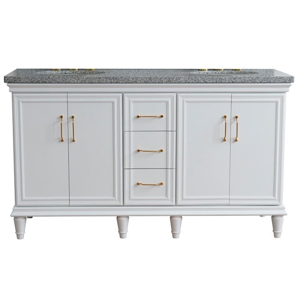 61 in. Double Wooden Vanity White Gray Granite Oval Sink