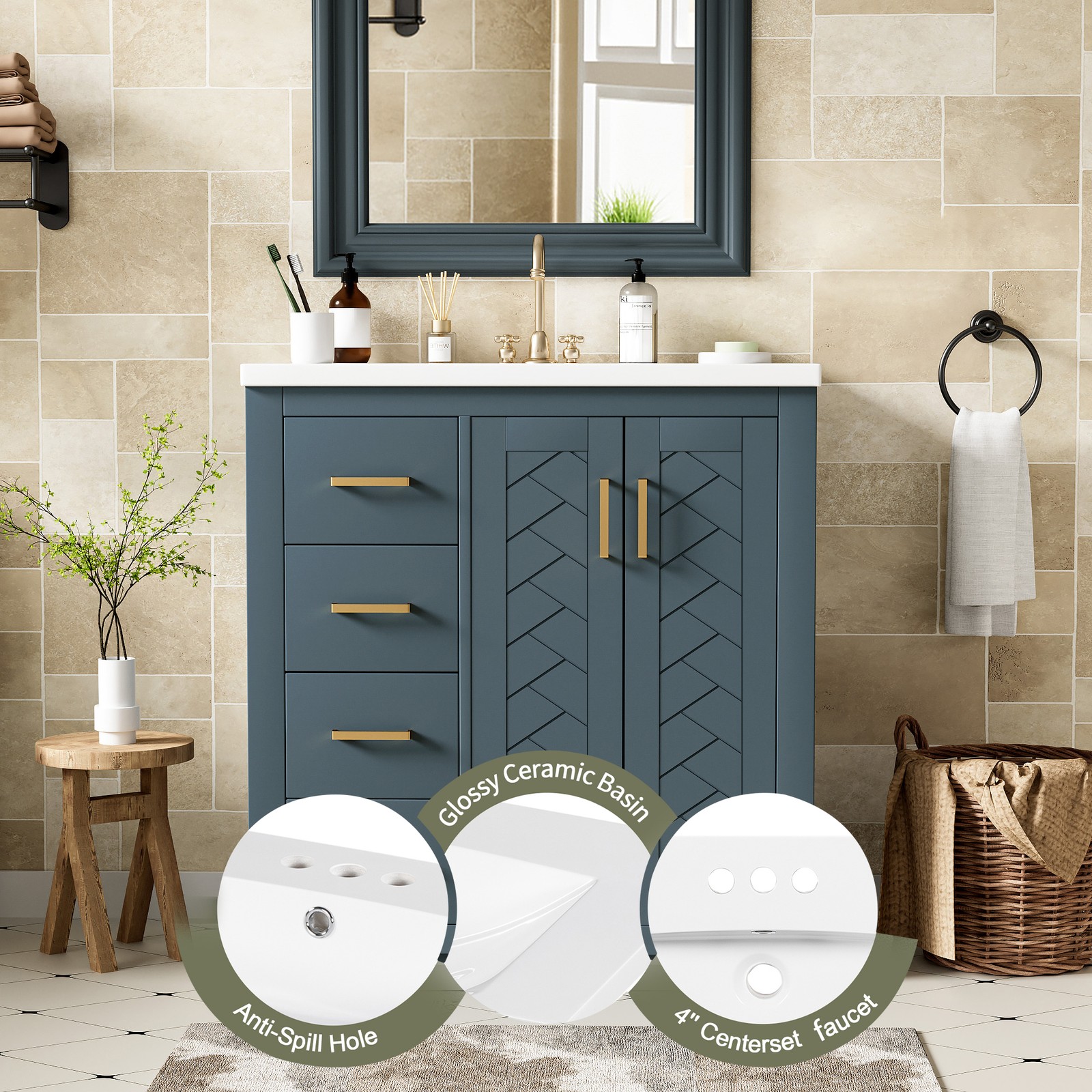 30″ Bathroom Vanity w/Ceramic Sink, 3 Drawers, Freestanding Bath Vanity Cabinet