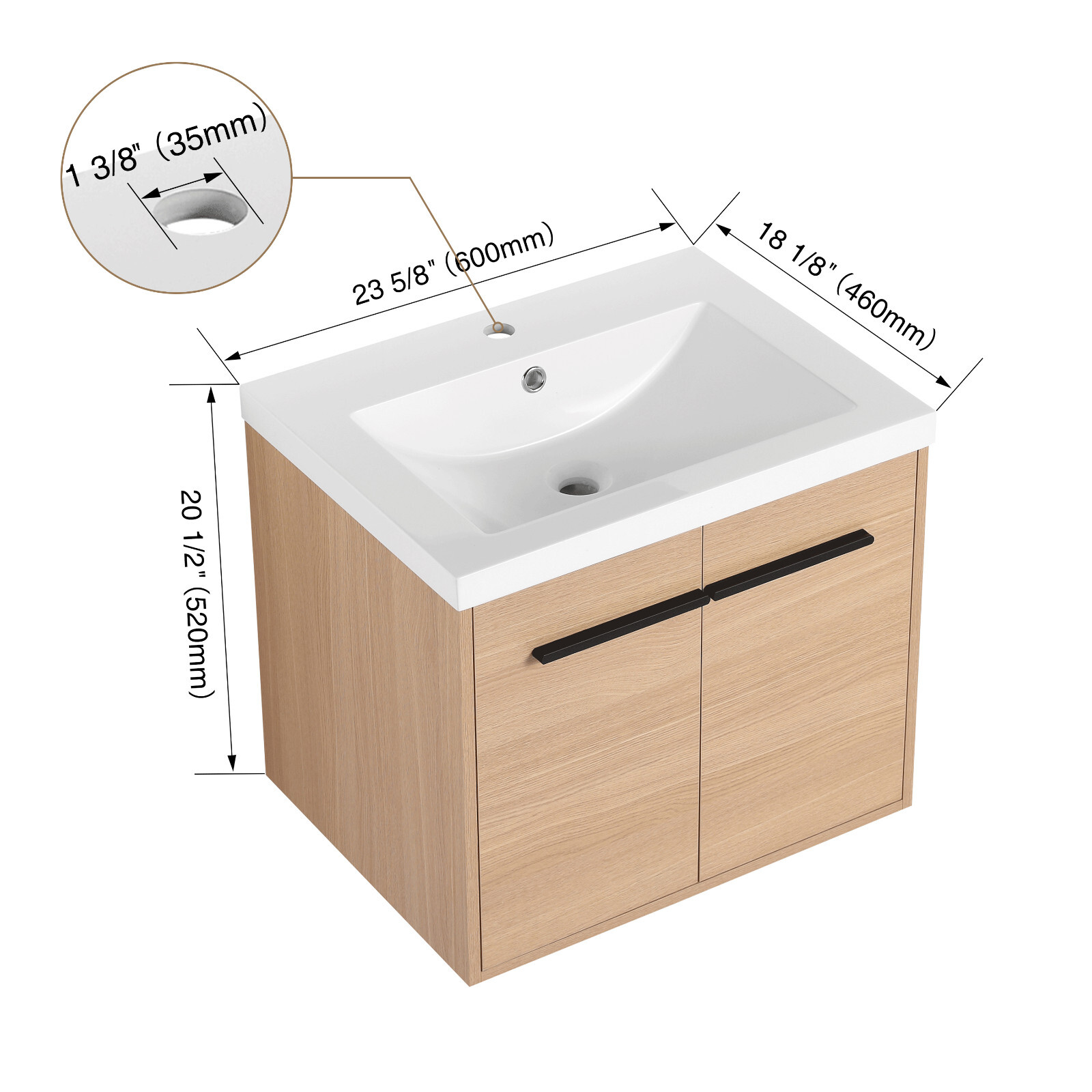 24”Bathroom Vanity Cabinet Set w/Resin Countertop Sink, Wall-Mounted