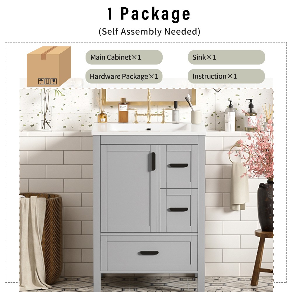Bathroom vanity with sink Features double-door cabinet Includes three drawers