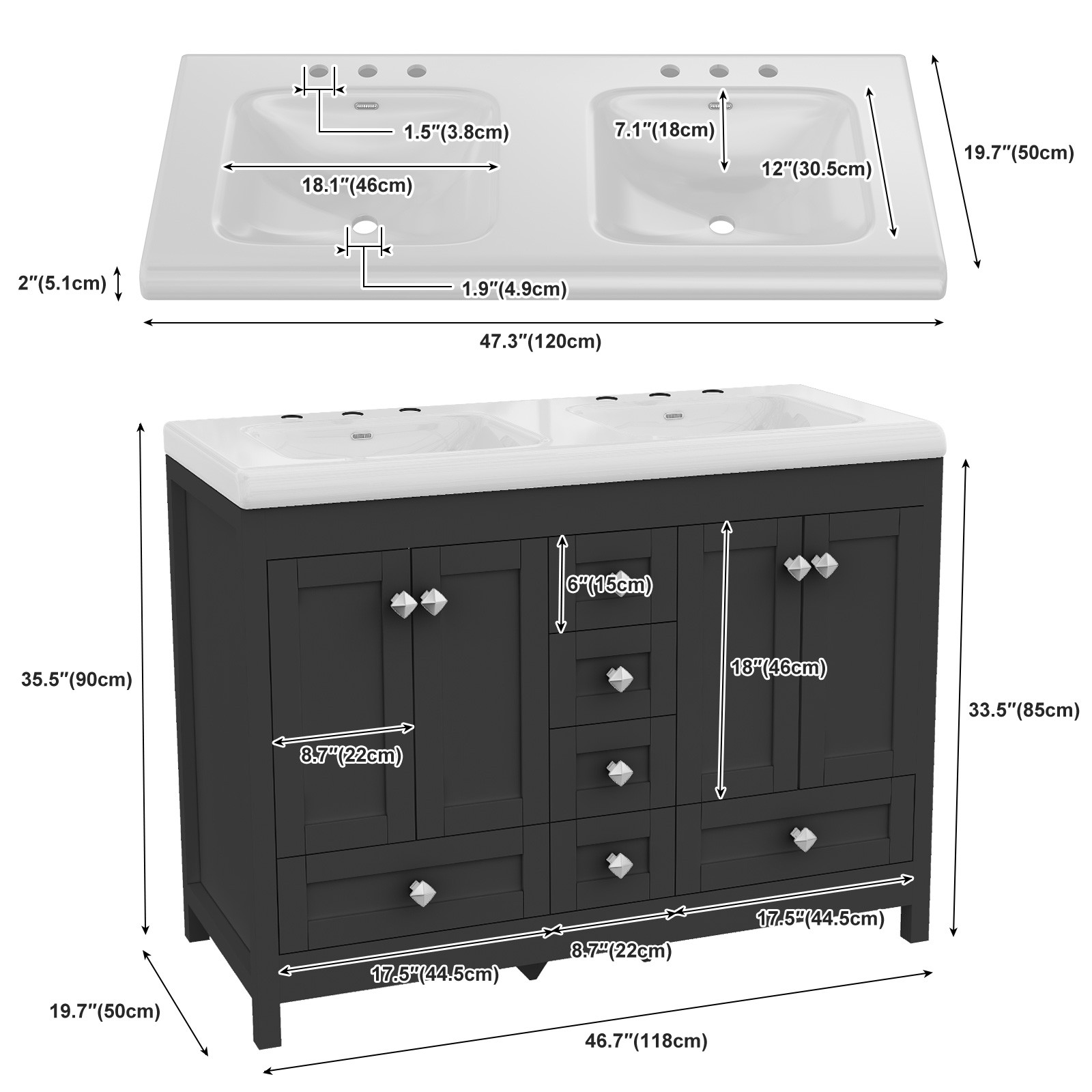 47″ Freestanding Vanity Bathroom Cabinet with Double Ceramic Sink & 6 Drawers