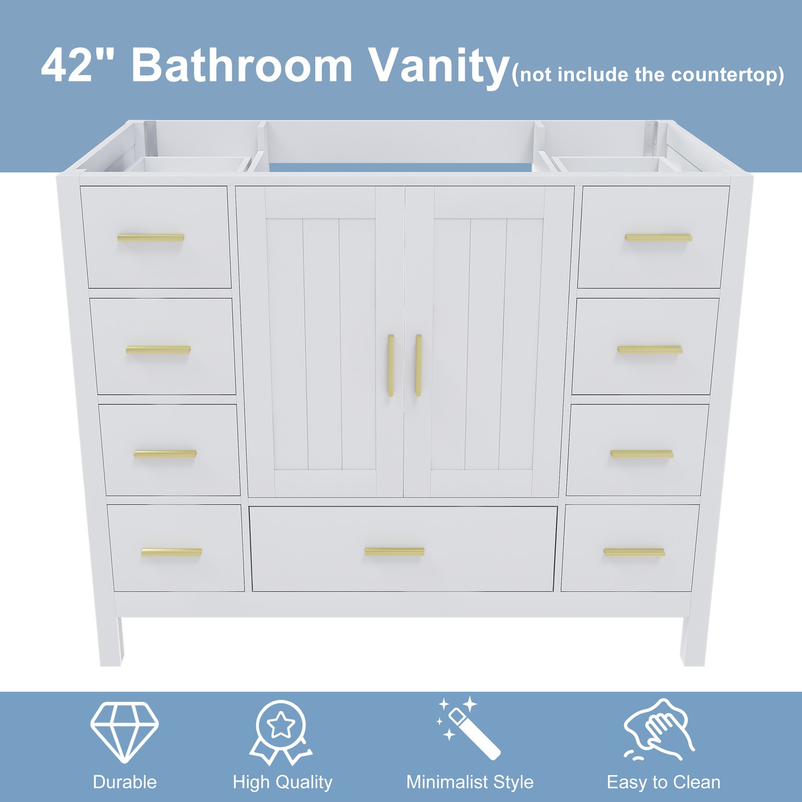 42″ Bathroom Vanity Base Cabinet 2 Doors 9 Drawers White