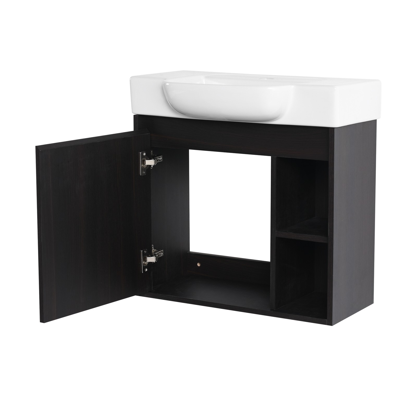 24″ Plywood Wall-Mounted Bathroom Vanity Cabinet W/ White Ceramic Sink Dark Oak