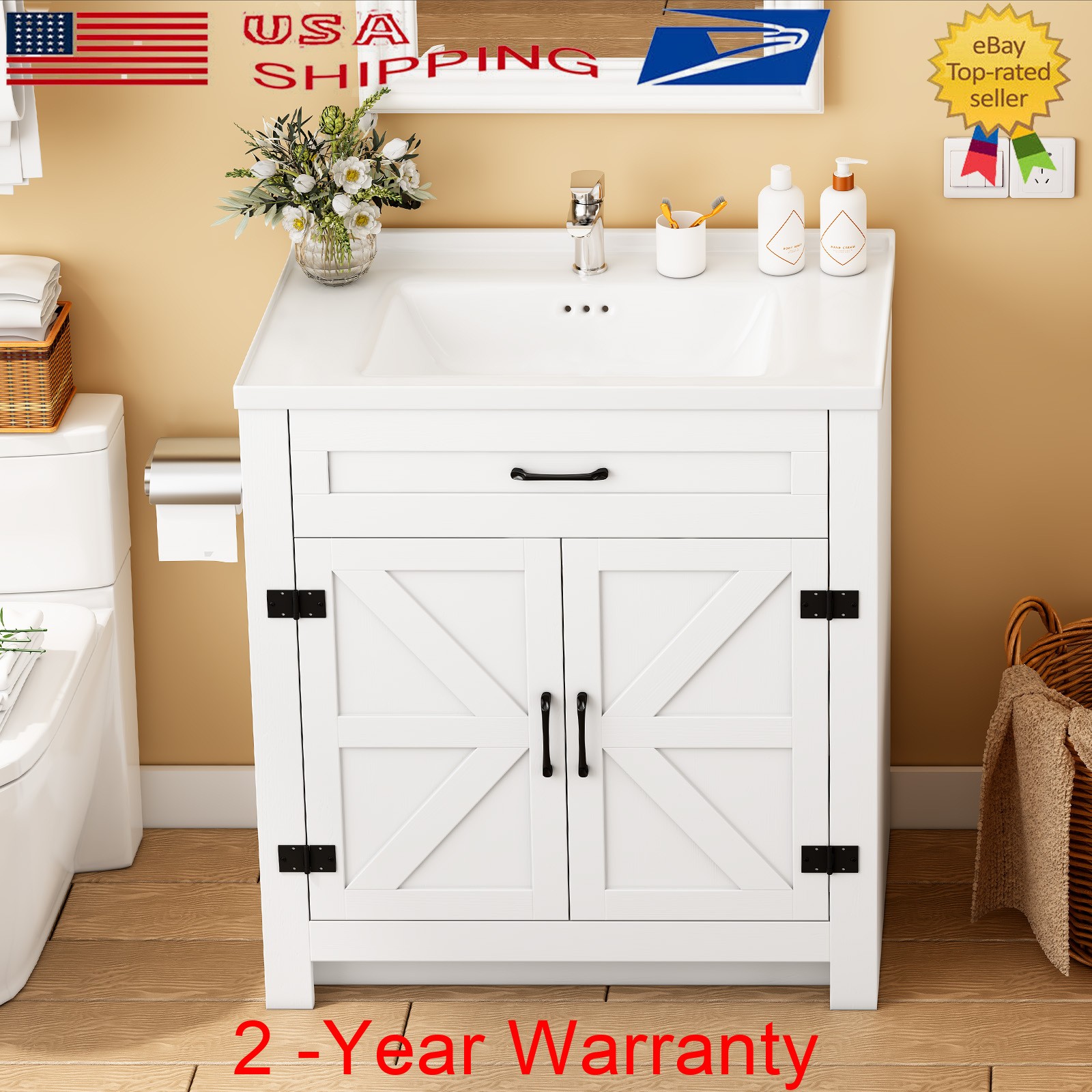 Farmhouse Bathroom Vanity with Ceramic Sink, 35.4 Inch Bathroom Vanity Cabinet