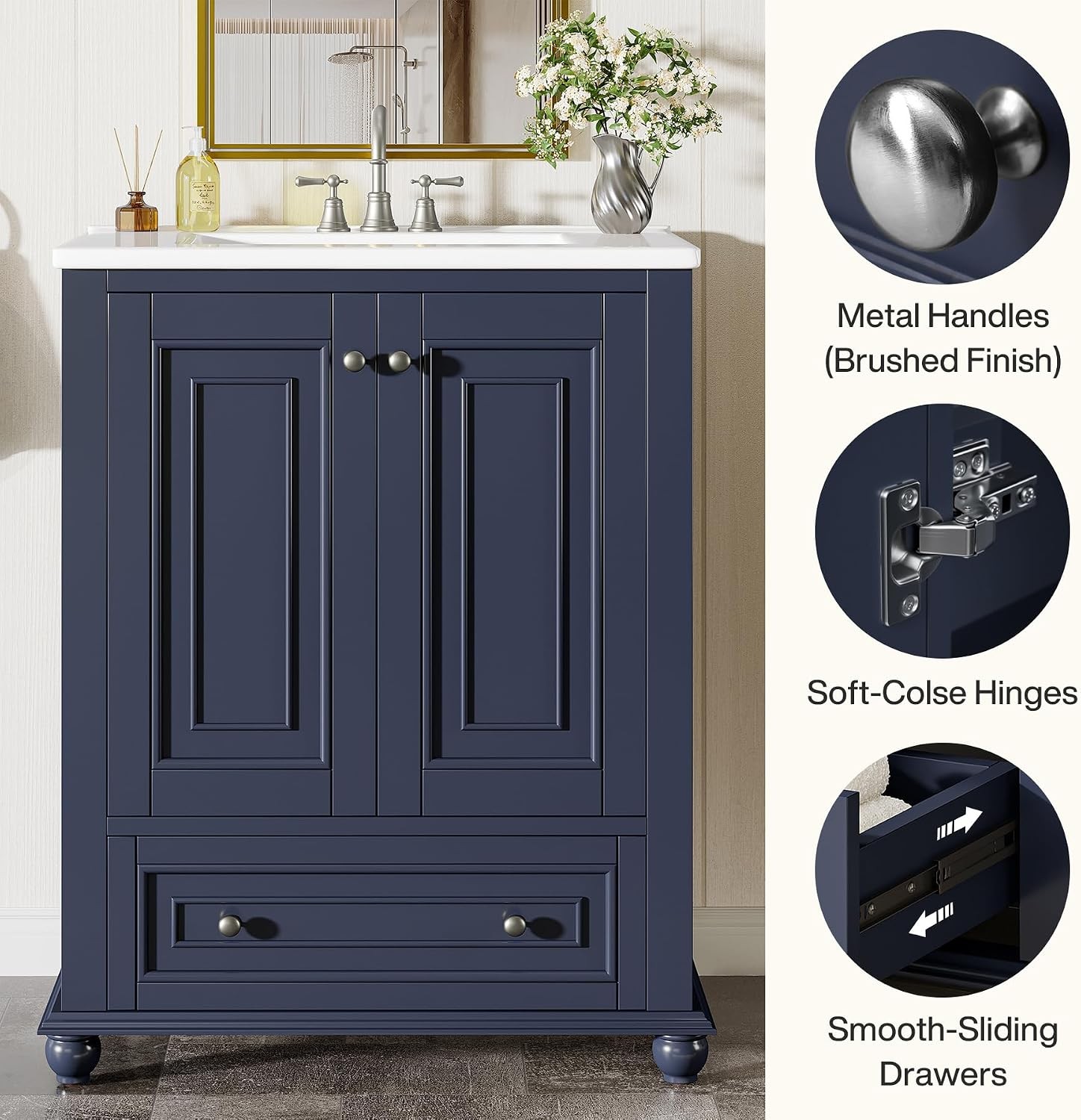 24″ Bathroom Vanity with Ceramic Sink Combo Navy Blue Cabinet w/ Doors & Drawer