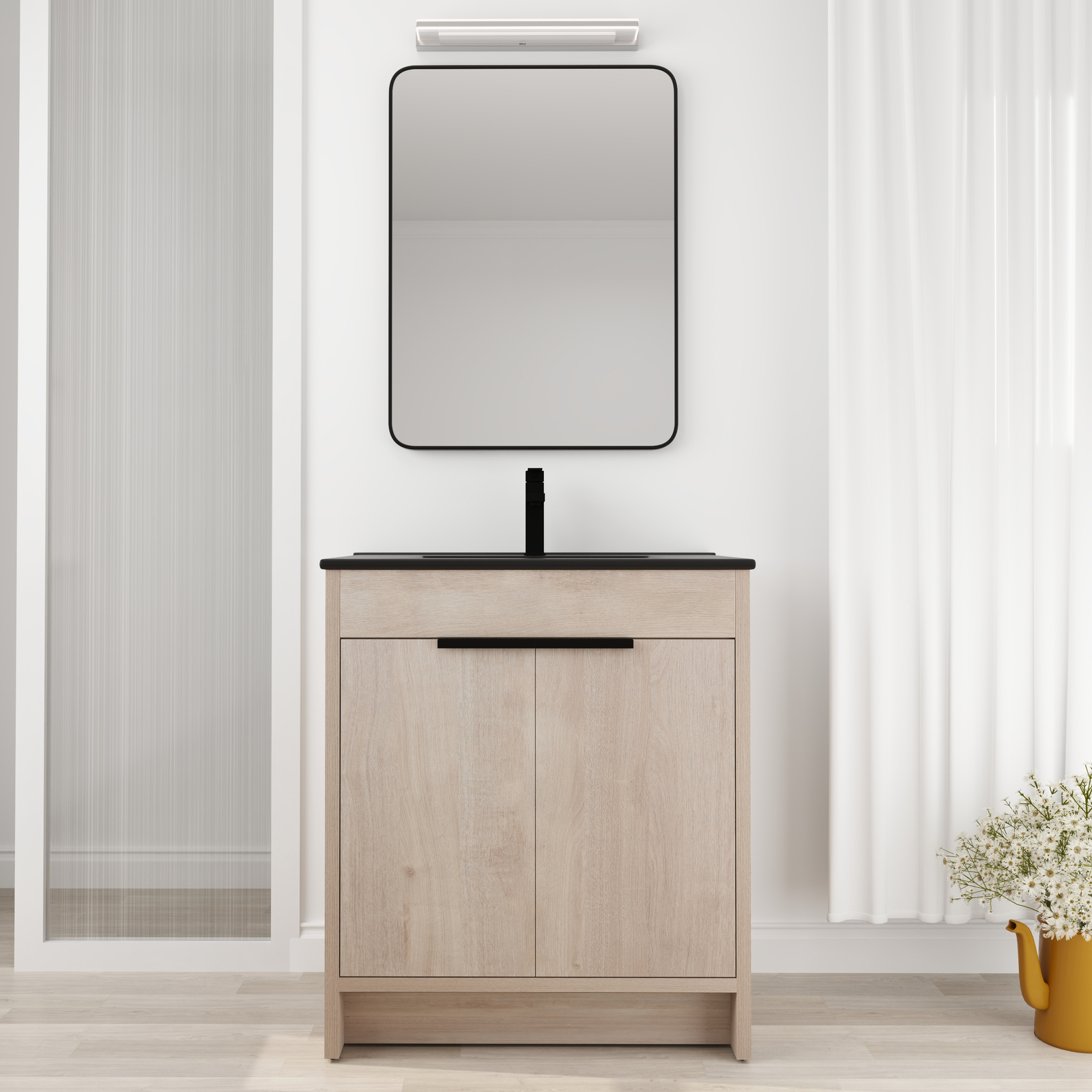 30″Free Standing Bathroom Vanity W/ Black Sink Basin + Adjustable Shelf + Doors