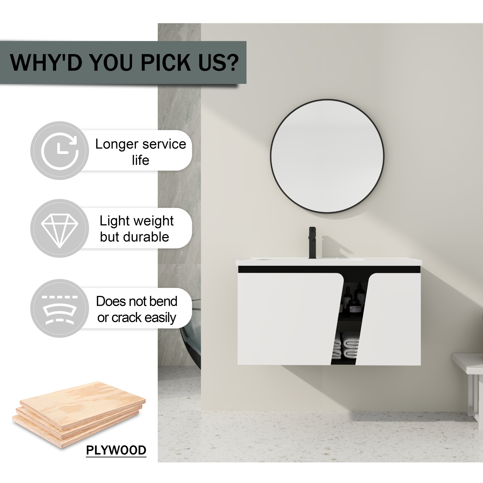 36 Inch Bathroom Vanity Wall Mounted Cabinet W/ Undermount Ceramic Sink White US