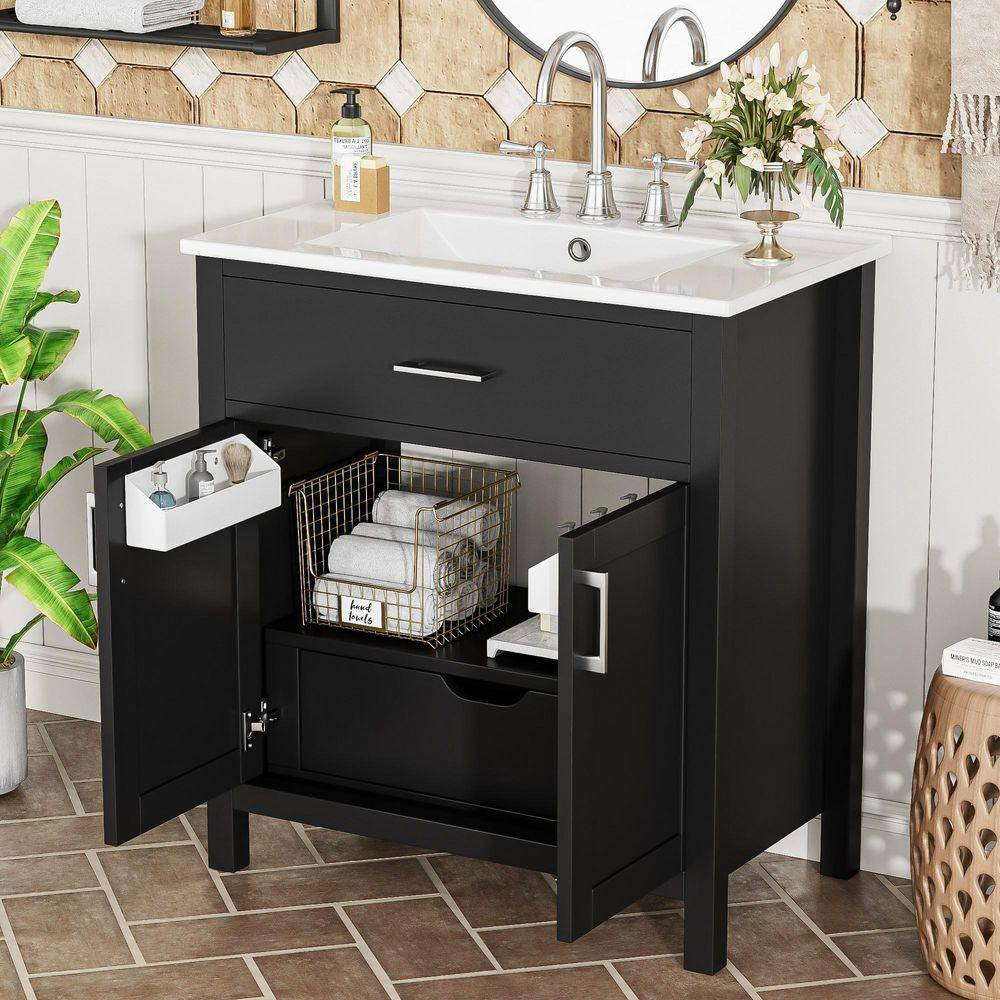 30 In. W Single Sink Freestanding Black Solid Wood Frame Bath Vanity with White