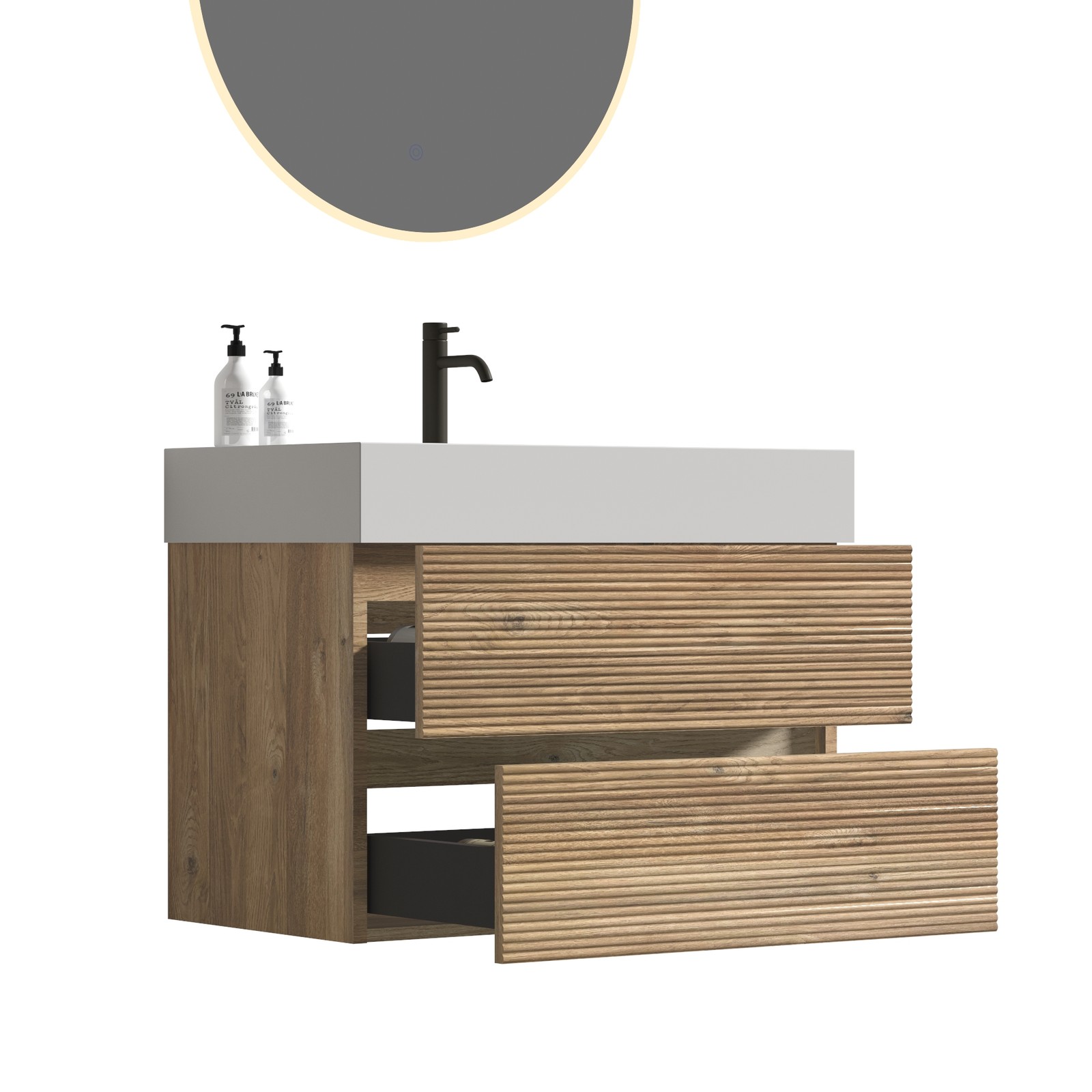 30″ Rough Oak Floating Bathroom Vanity with White Sink & Drawers