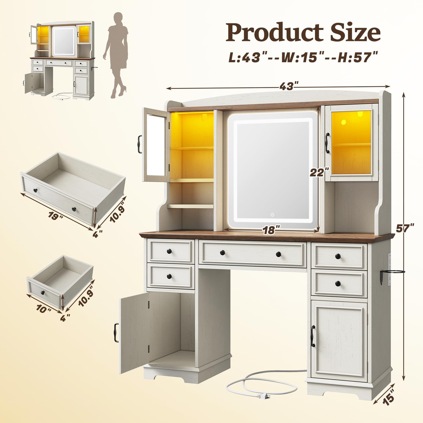 Farmhouse 43 White Vanity Desk with Mirror & LED Lights 5 Drawers RGB Cabinets